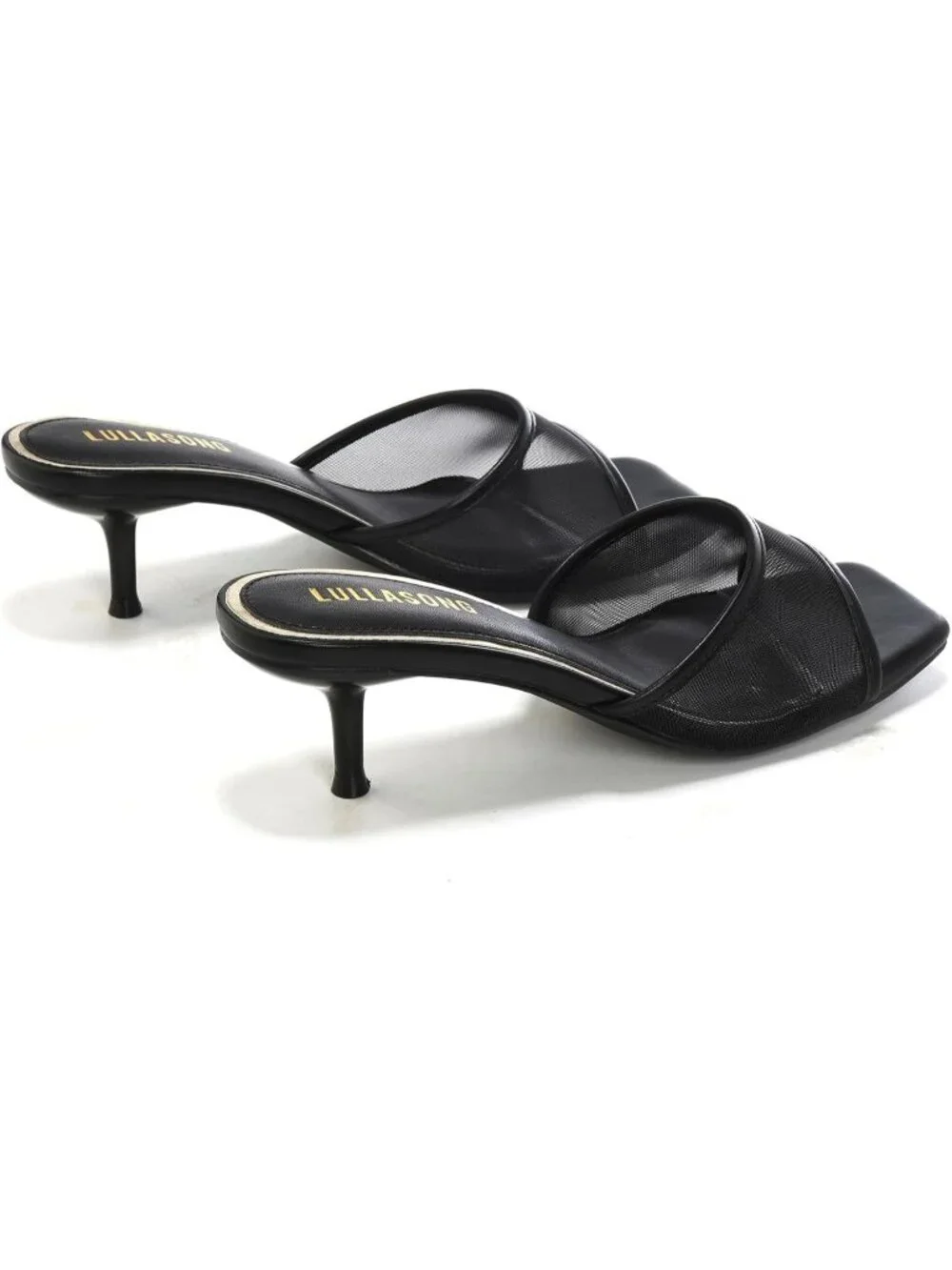 Women's Mesh Black Faux Leather Square Open Toe Low Heel 2 Inch Heeled Sandal